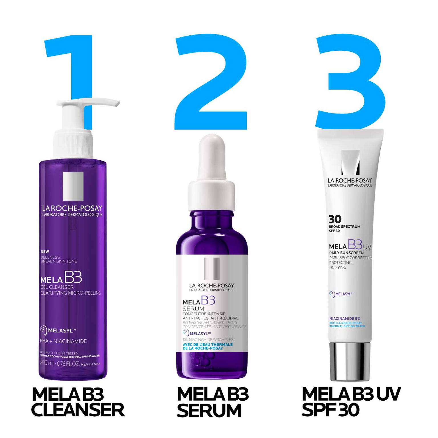 mela-b3-dark-spot-serum-with-melasyltm-niacinamide-h2 LaRochePosay-Product-MelaB3-MelaB3Cleanser-200ml-03337875890069-Routine_1500x1500_REV.jpg